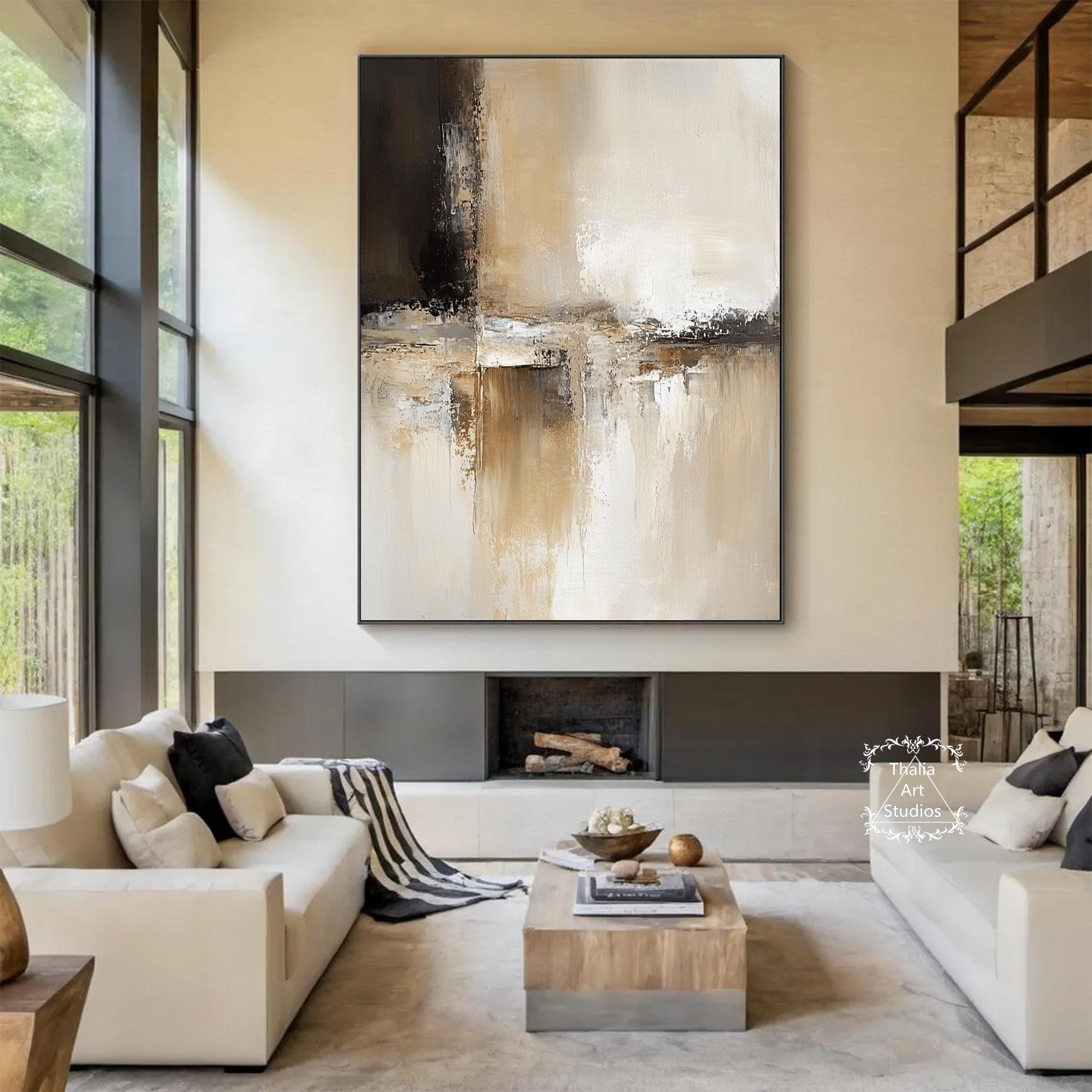 Large Brown Beige Wall Art Original Black Abstract Painting Beige ...