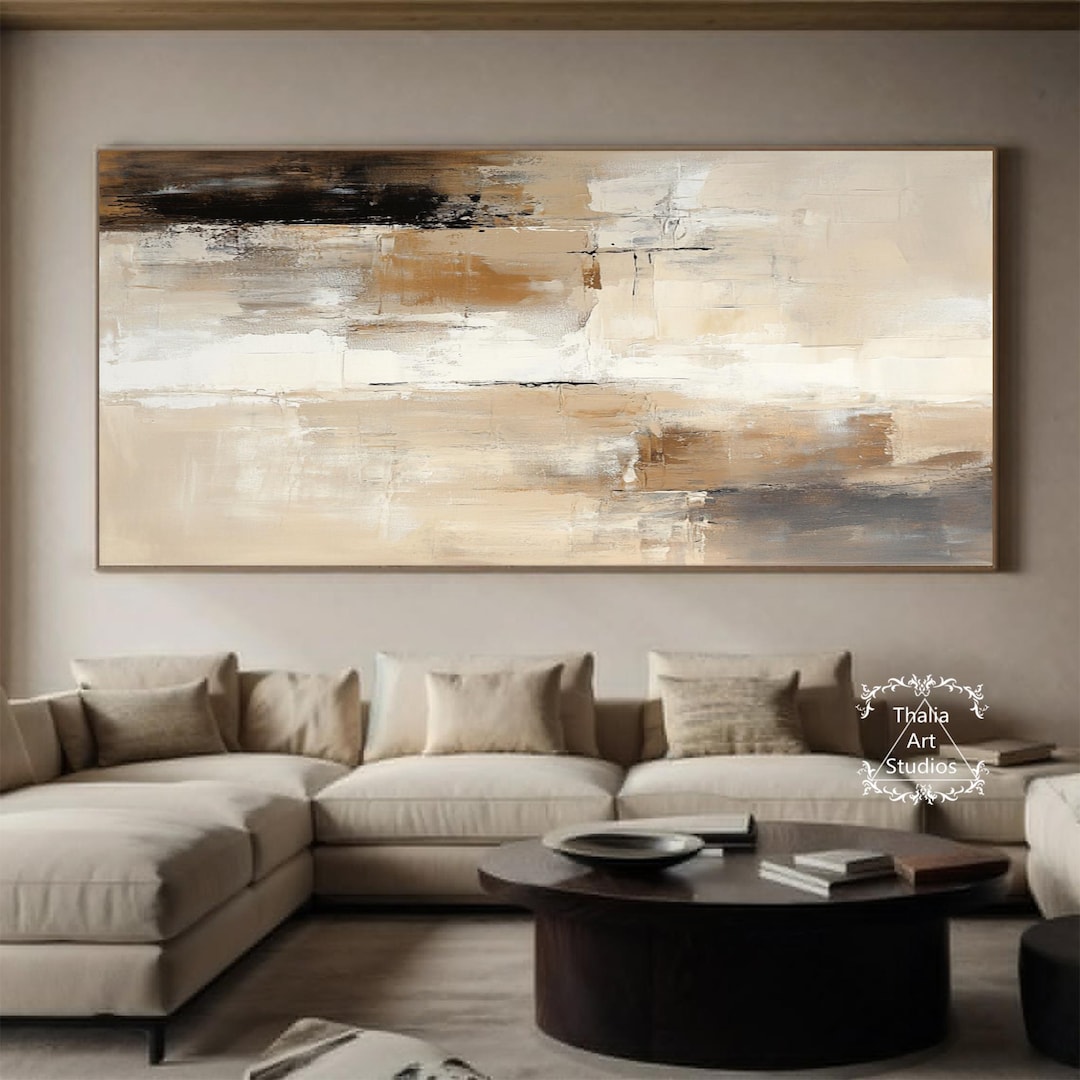 Large Beige Brown Canvas Abstract Painting Beige Minimalist Wall Art ...
