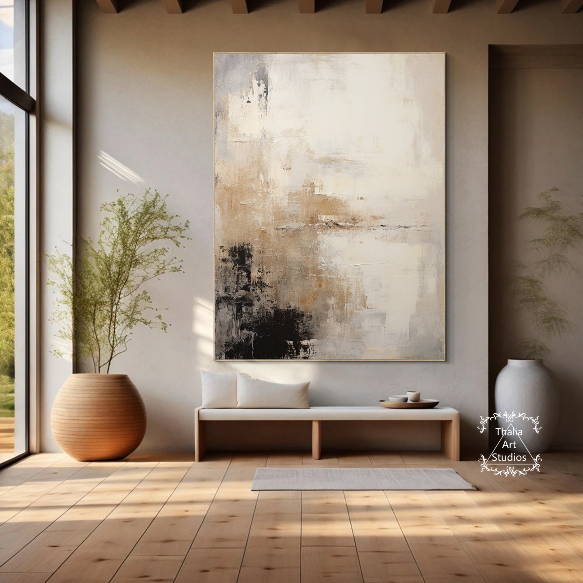 Large Beige Black Abstract Wall Art Black Textured Painting Beige Wabi ...