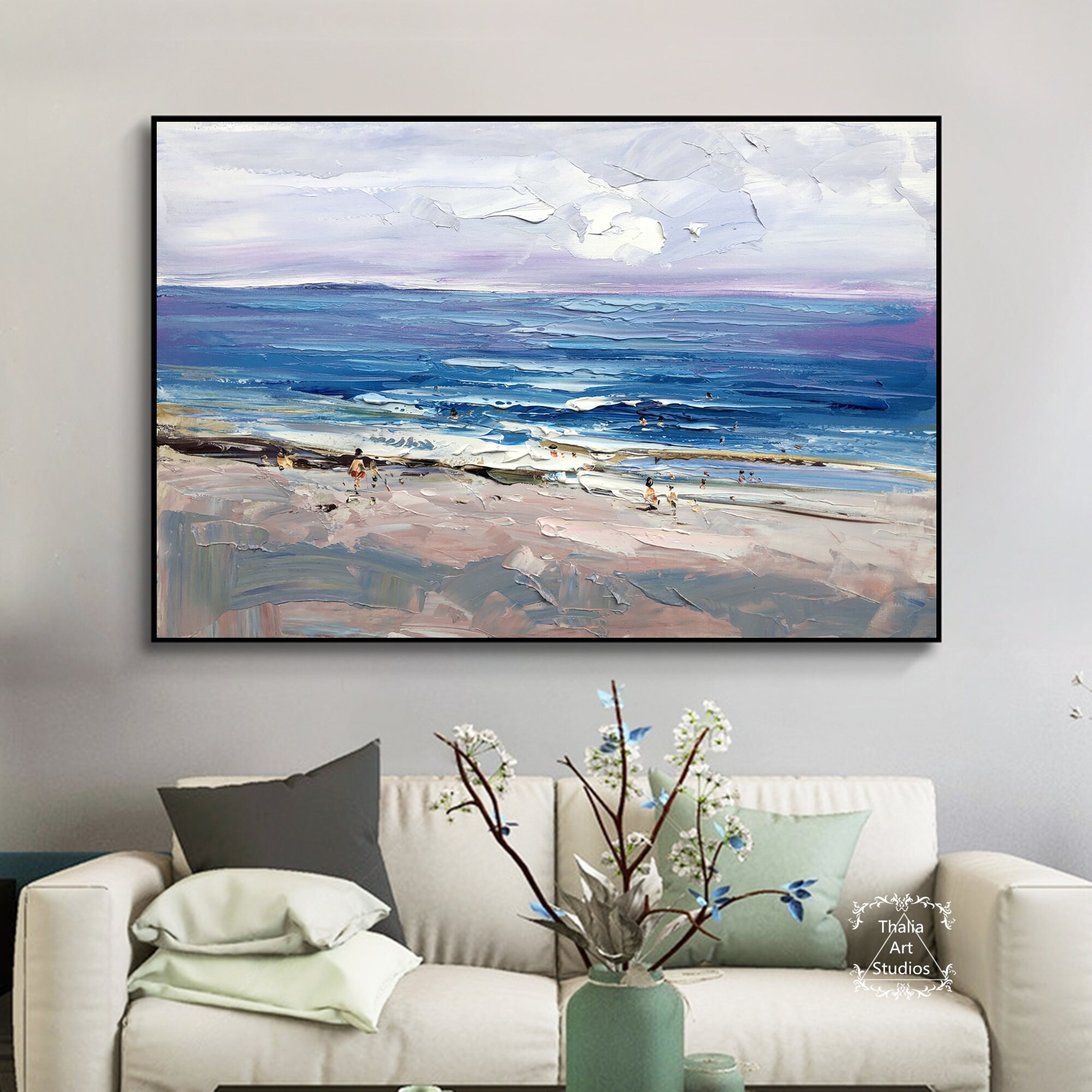 Original Beach Abstract Painting Blue Ocean Painting Modern Acrylic ...