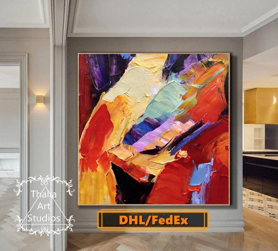 Large Colorful Abstract Wall Art Red Abstract Painting Beige Etsy