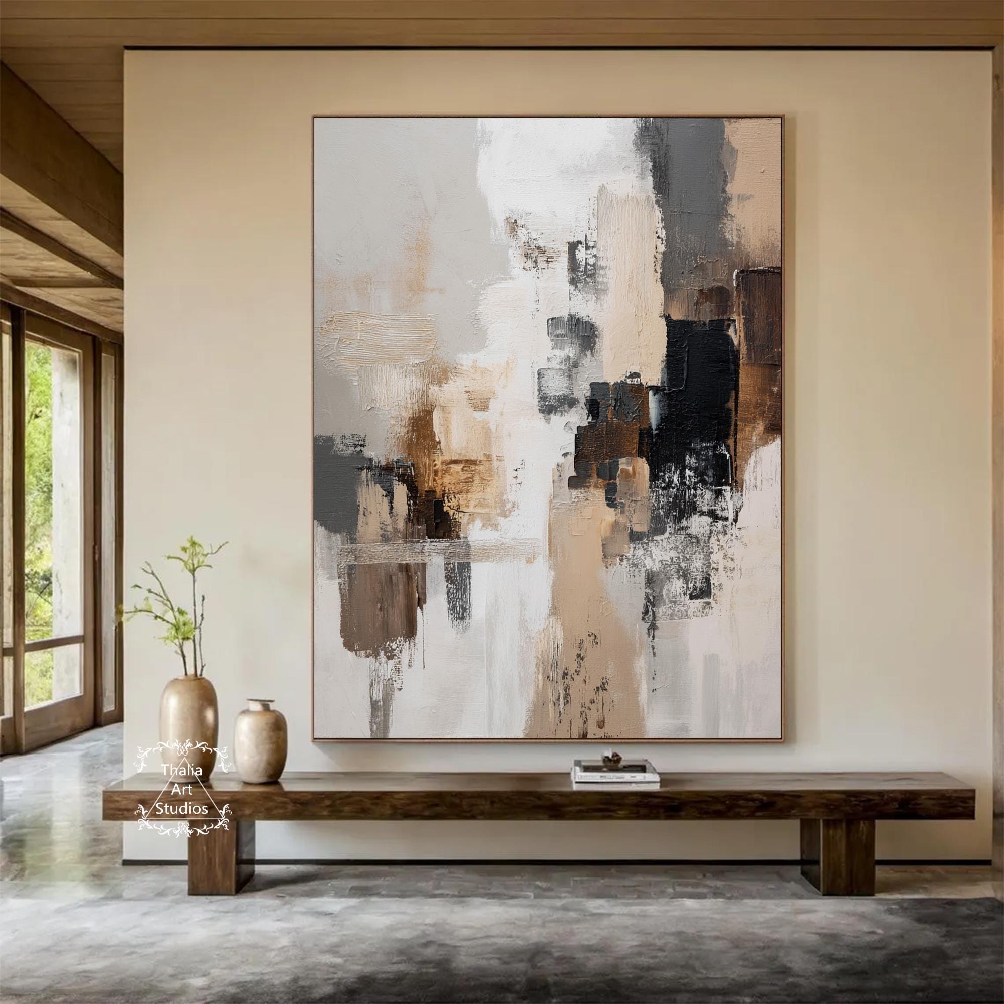 オリジナルブラウン抽象装飾画、ブラック抽象アート、ベージュミニマ