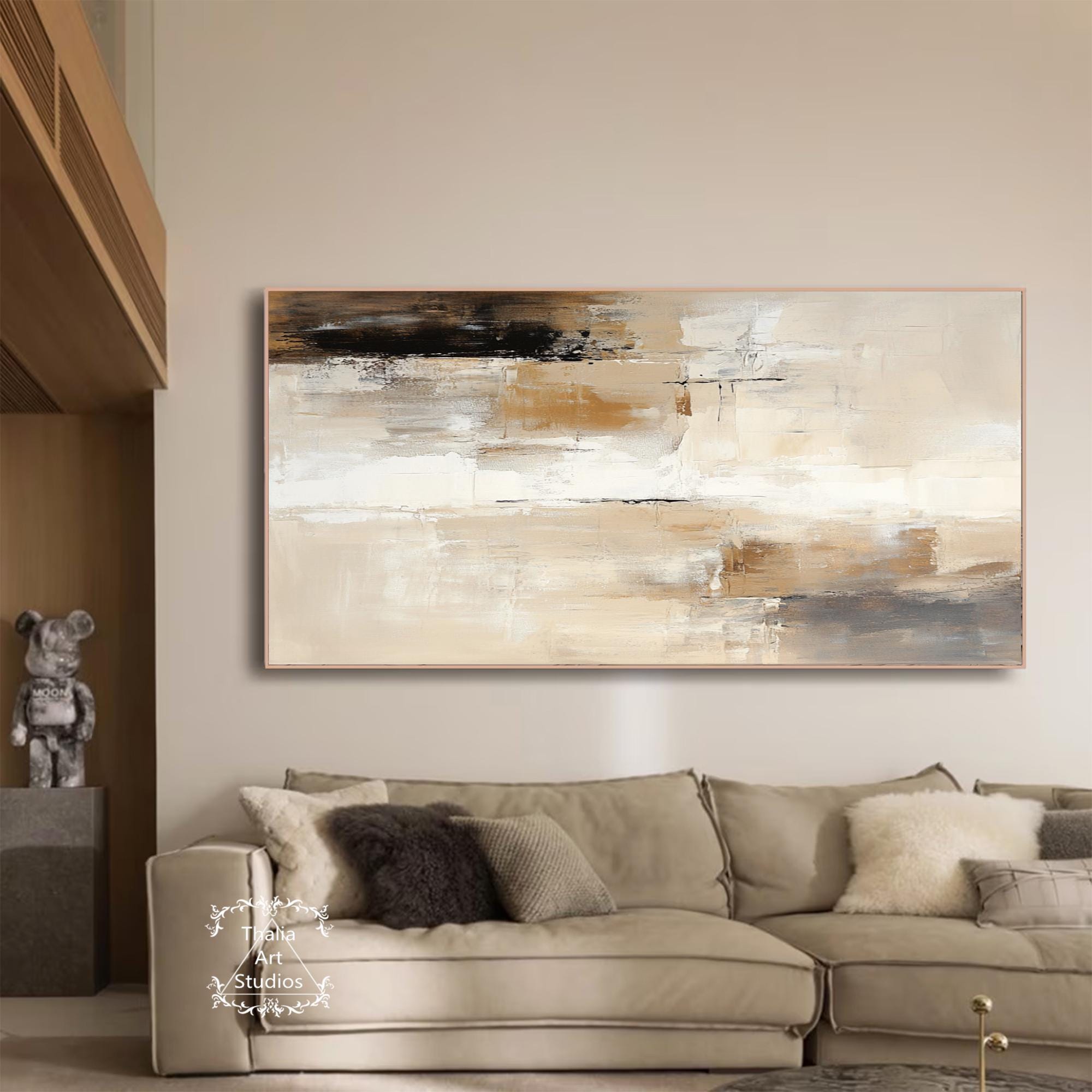 Large Beige Brown Canvas Abstract Painting Beige Minimalist Wall Art ...