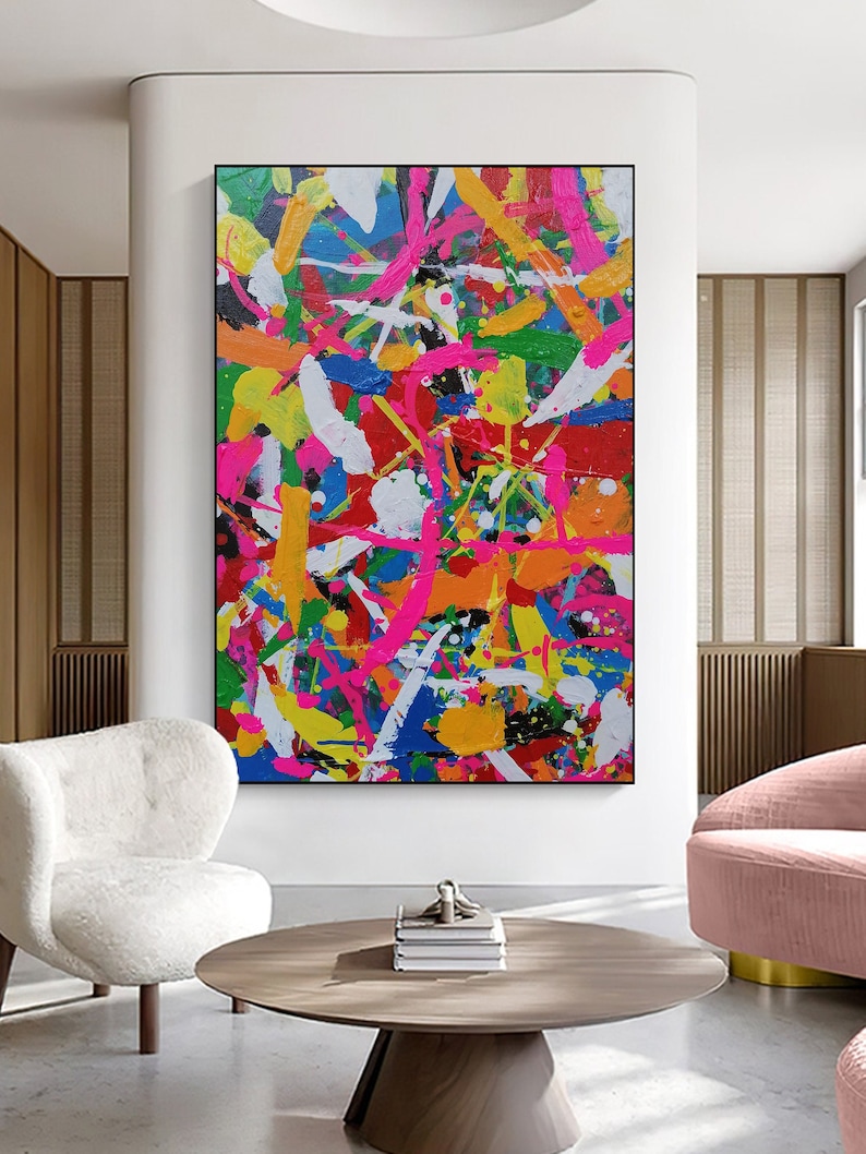 Large Colorful Abstract Painting Hand Painted Pink Abstract image 1