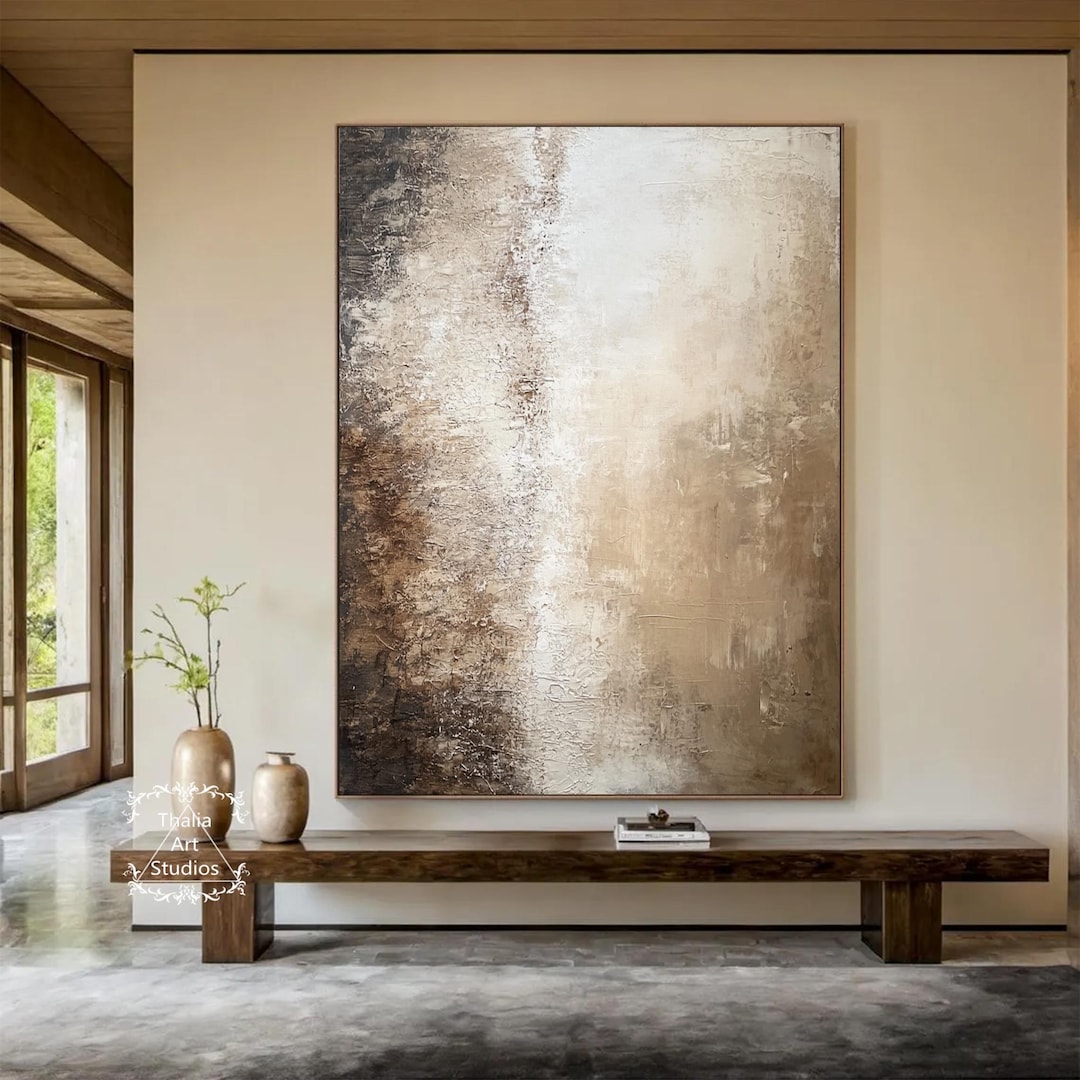 Original Beige Abstract Painting Large Brown Wall Art Black Minimalist ...