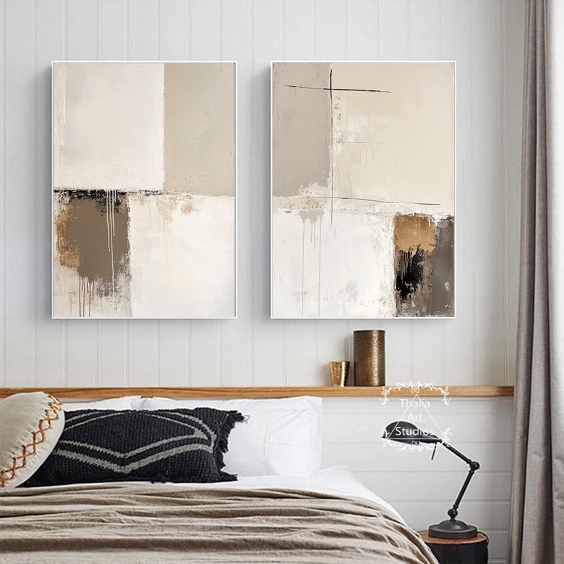 Large Grey Beige Abstract Paintings Minimalist Geometric Wall Art Set ...