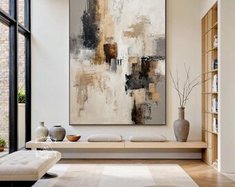 茶色と黒の抽象的なテクスチャ絵画、大きなアクリル黒の抽象的な壁