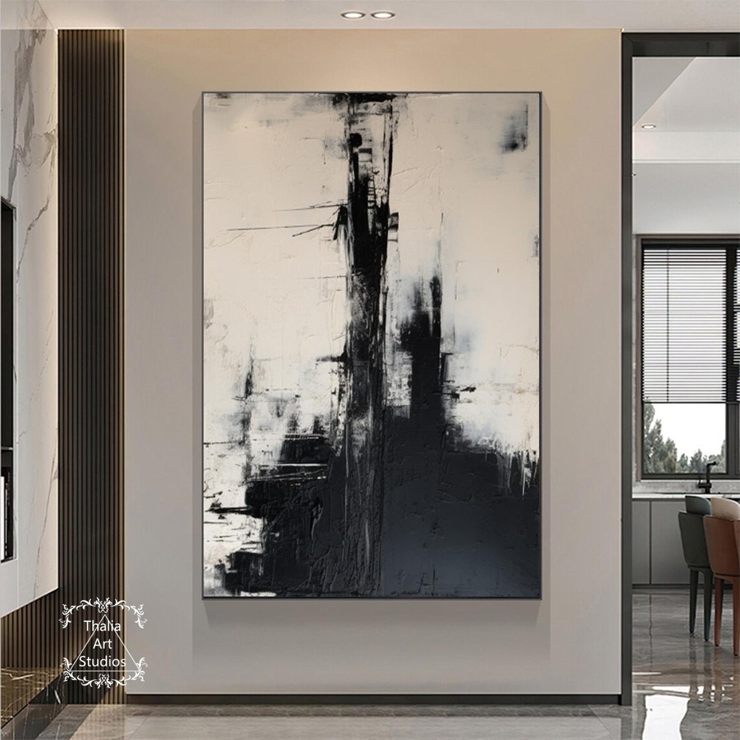 thumbnail image 2 of Large Abstract Canvas Wall Art - Hand Painted White & Black Modern Painting, 29x59 Inch Framed 2 of 14