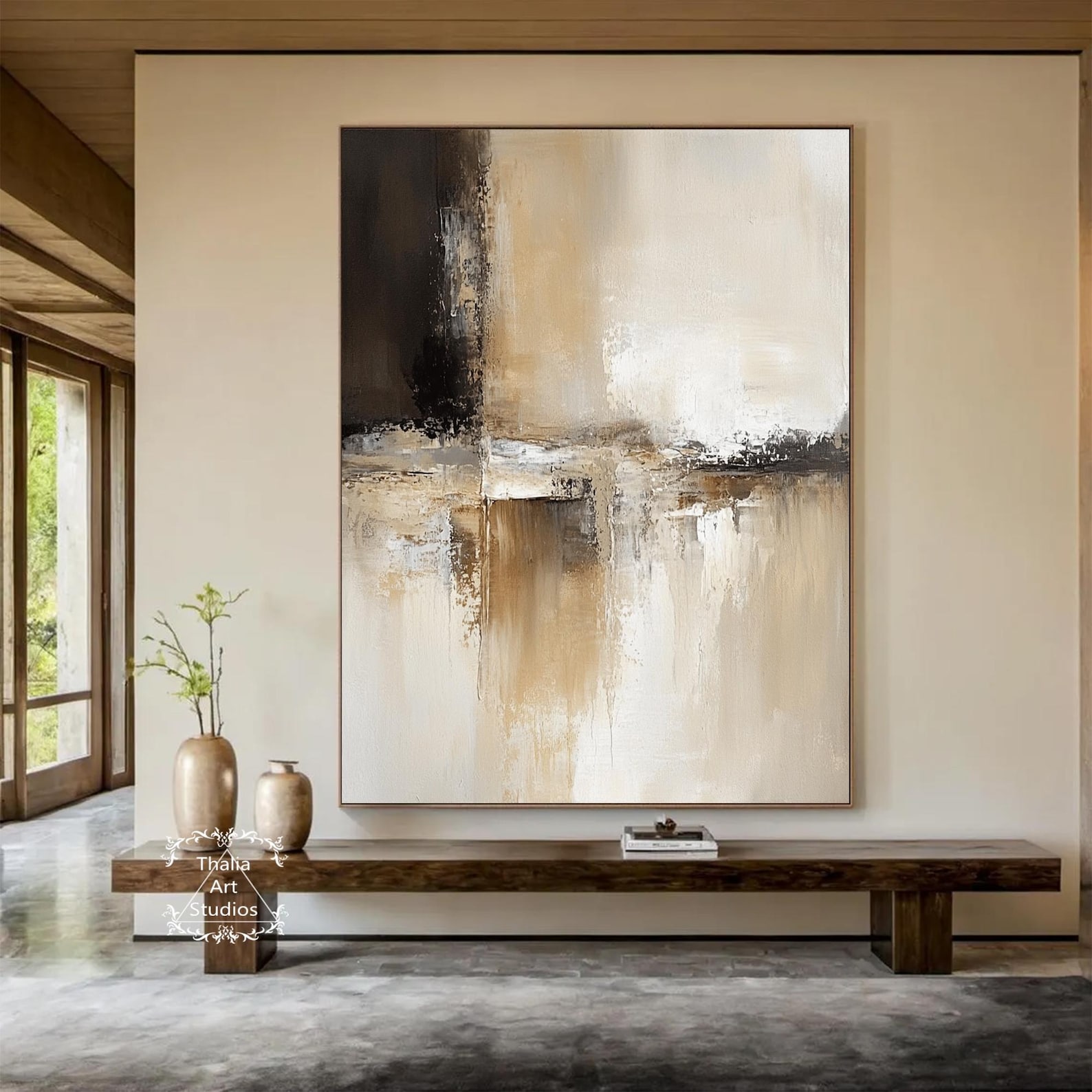 Large Brown Beige Wall Art Original Black Abstract Painting Beige ...