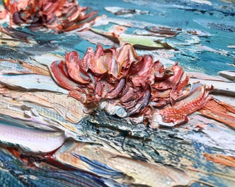 キャンバスに描かれた睡蓮の油絵 抽象的なテクスチャの絵画 蓮の池の