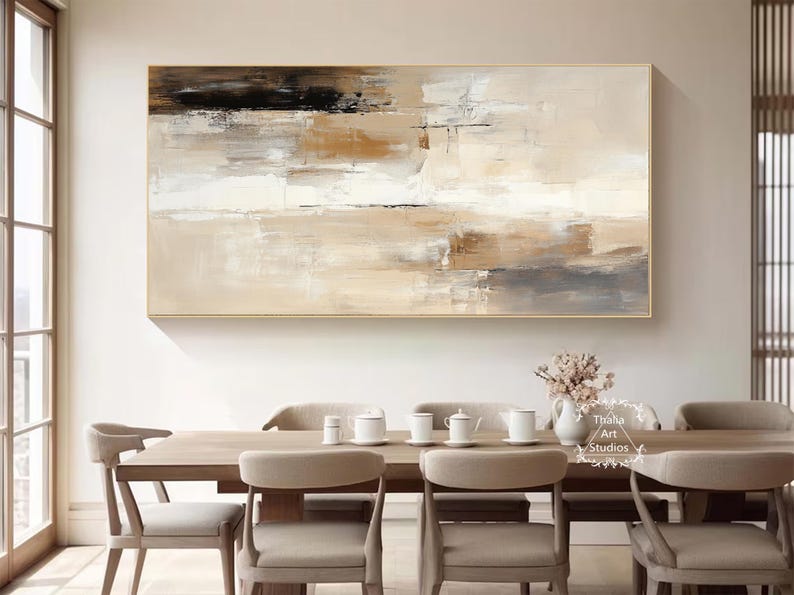 Large Beige Brown Canvas Abstract Painting Beige Minimalist Wall Art ...