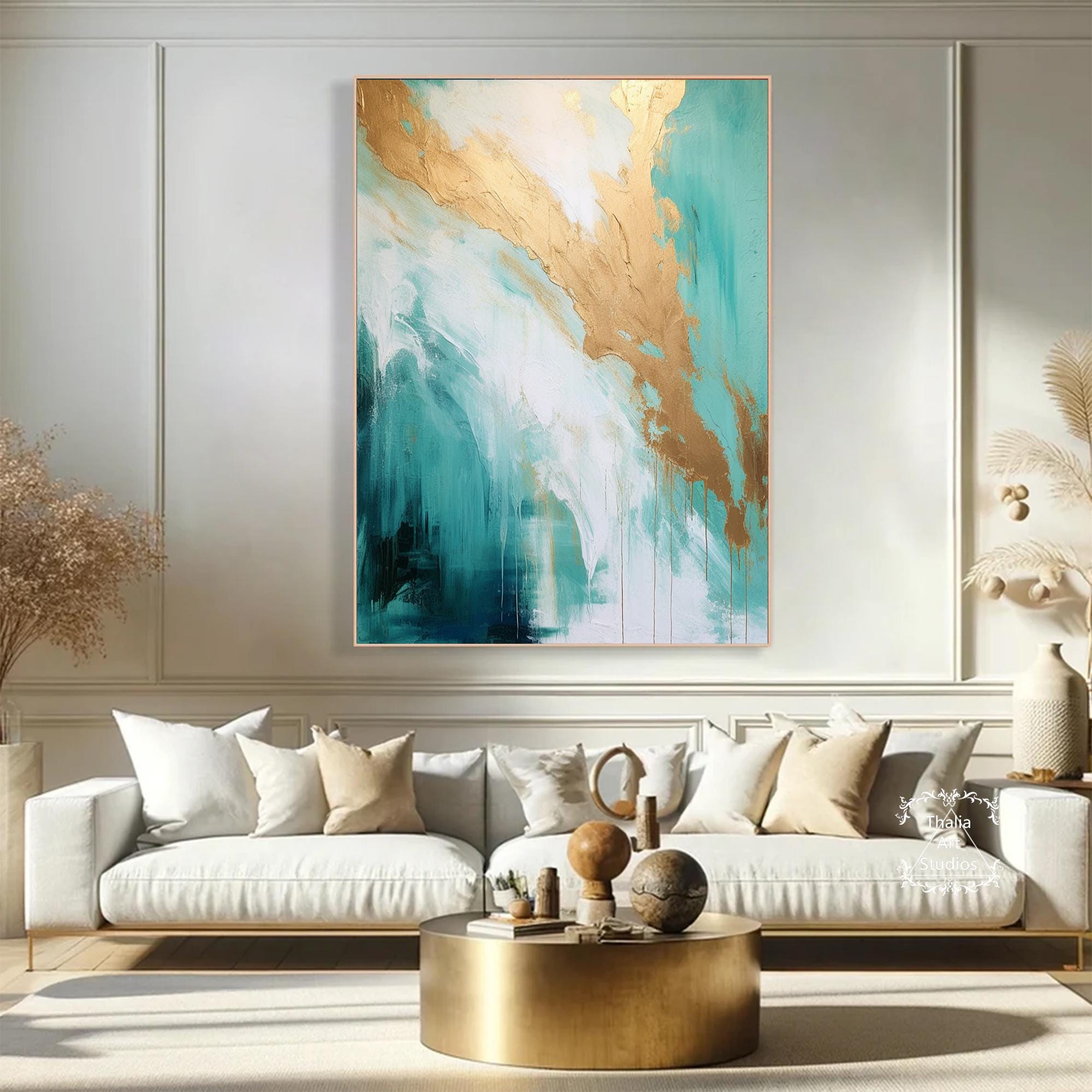 GeekMacro Hand Painted Abstract Oil Painting - White & Gold Line Textured Wall Art, 58x29 Inch Framed, For Living Room Bedroom - View #2