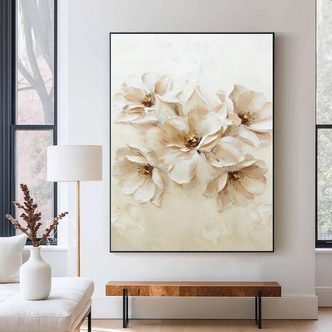 Flower Textured Wall Art Abstract Floral Oil Painting on Canvas Cream ...