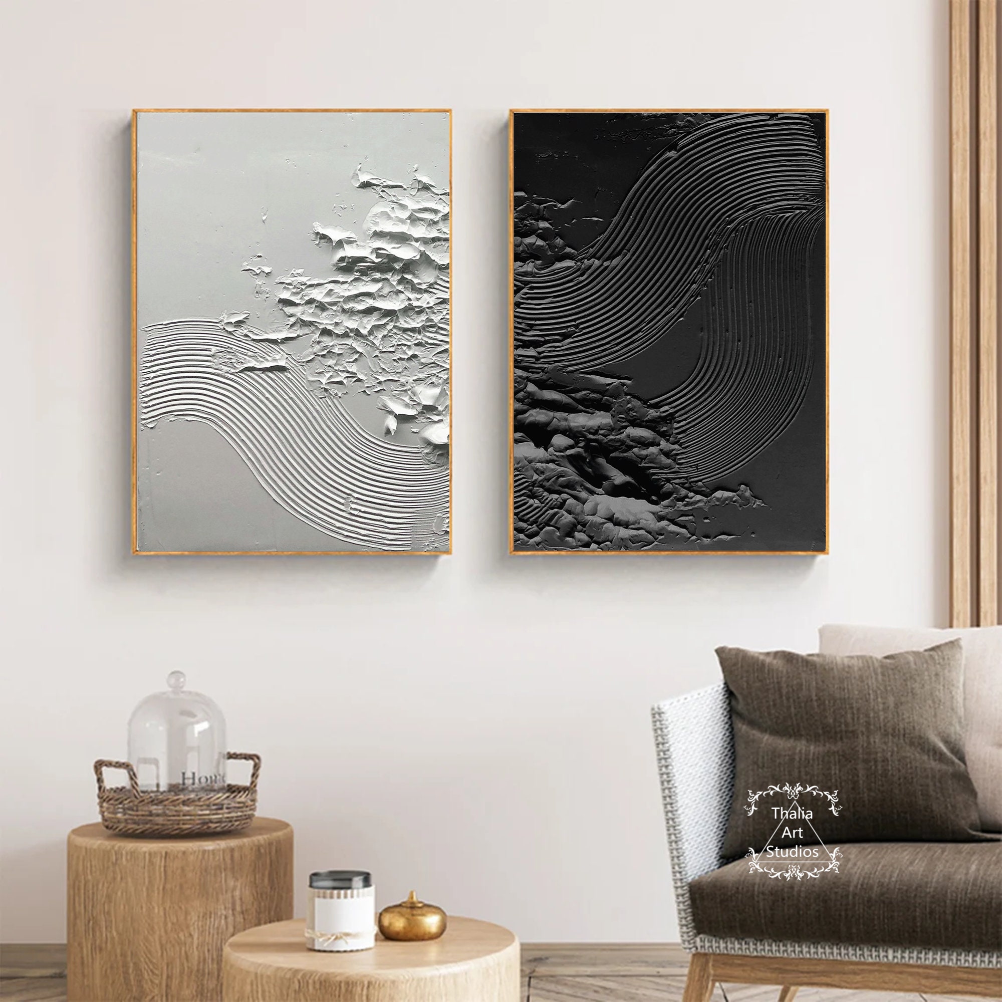 Black and White Abstract Abstract Paintings Set of 2 Black and White ...