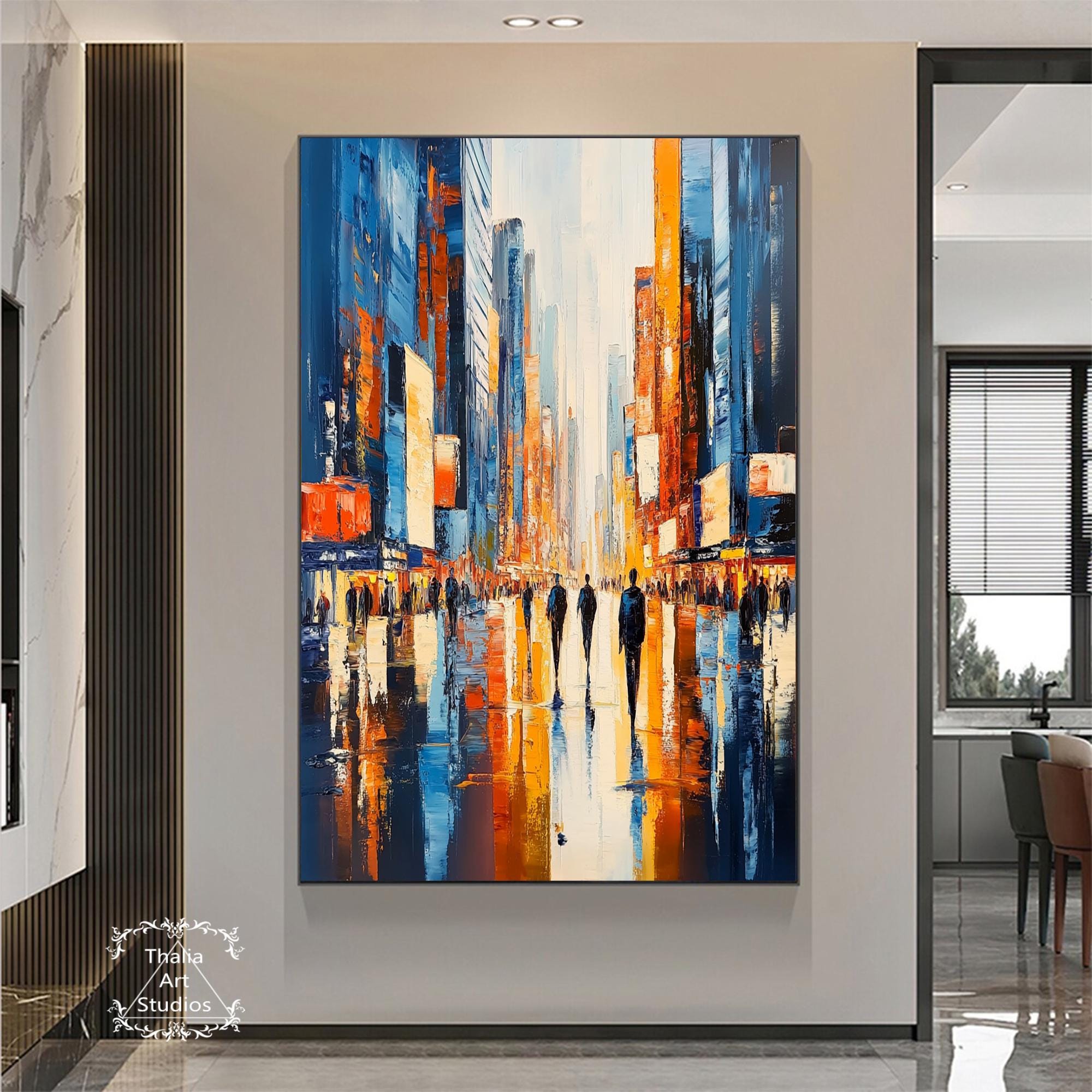 Textured Cityscape Canvas Painting, Modern Urban Wall Art City Art