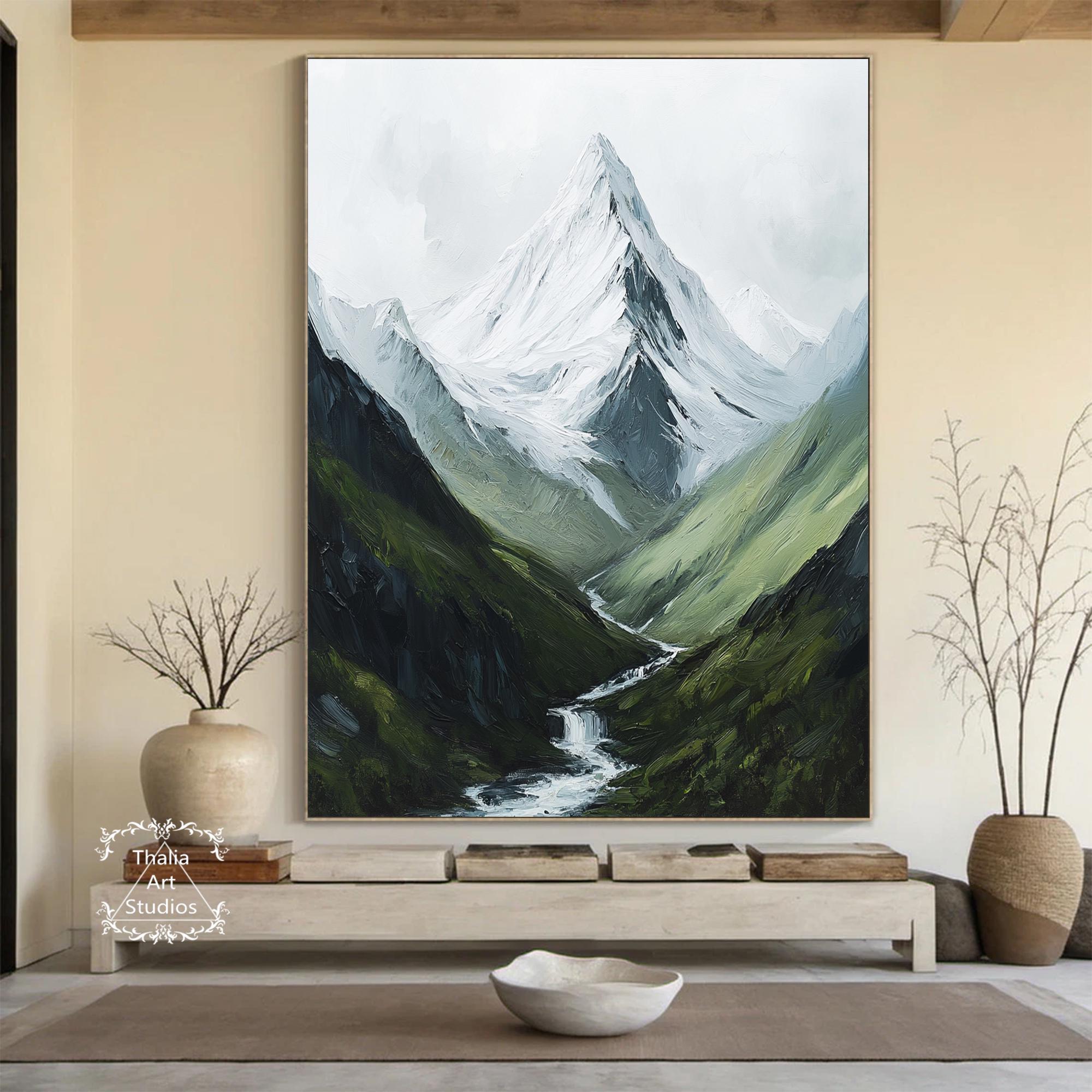 大きな抽象的な山の絵画、緑の3Dテクスチャ、山の滝の絵画、緑の