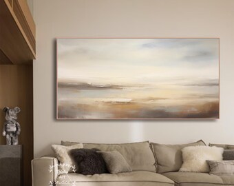 ベージュの風景抽象壁アート 大きなベージュブラウン抽象画 空の風景画