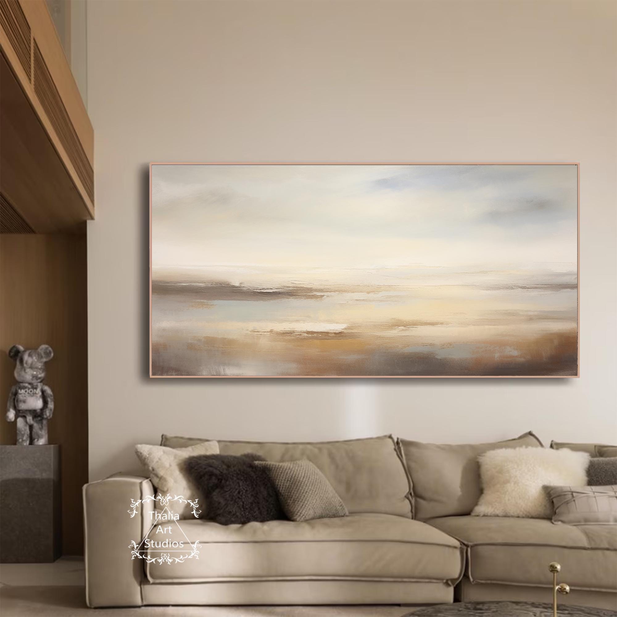 ベージュの風景抽象壁アート 大きなベージュブラウン抽象画 空の風景画