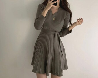 Korean Style Morrie Pleated Wrap Knit Dress