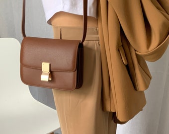 Bolso tipo caja de piel de becerro marrón minimalista de tamaño pequeño de estilo coreano, bolso de hombro/bandolera