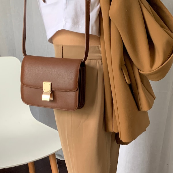 Korean Style Small Size Minimalistic Brown Calfskin Leather Box Bag shoulder/crossbody Bag