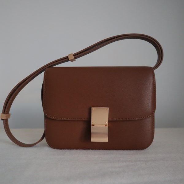 Korean Style Minimalistic Brown Calfskin Leather Box Bag