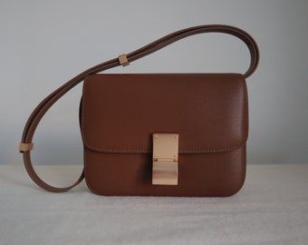 Korean Style Minimalistic Brown Calfskin Leather Box Bag 