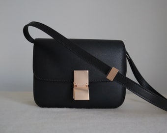 Korean Style Minimalistic Black Calfskin Leather Box Bag