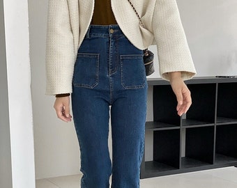 Korean Style High Waist Front Pocket Bootcut Flare Jeans