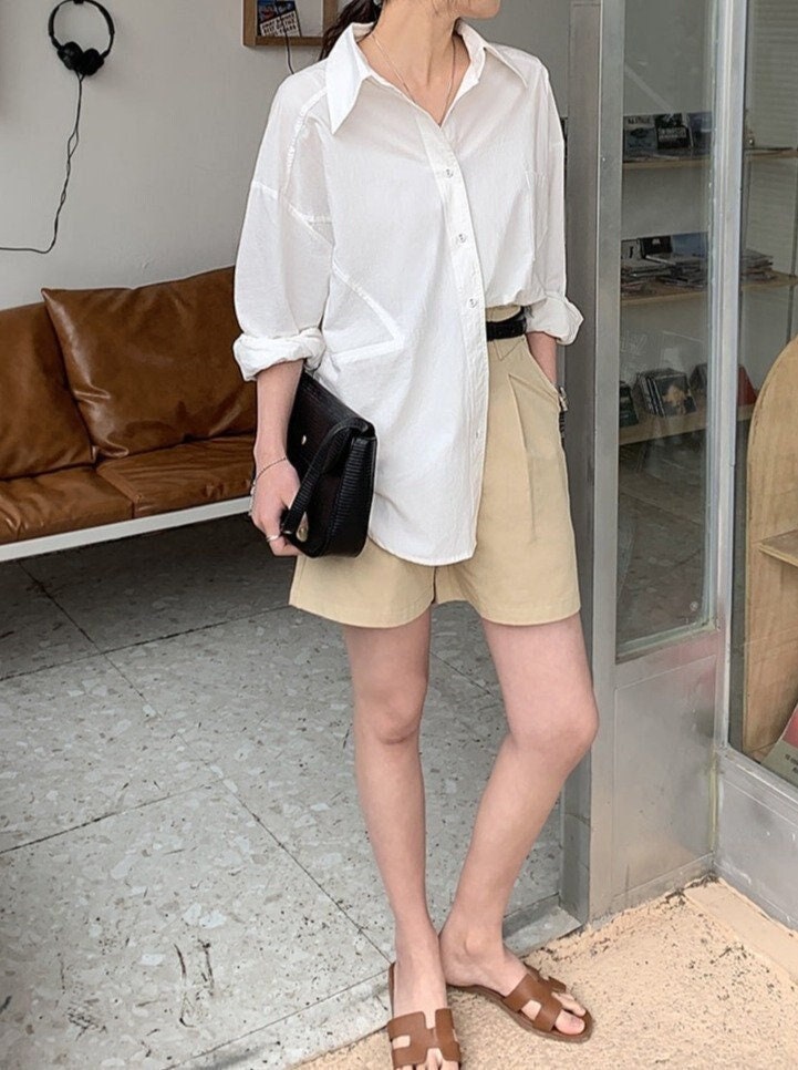 Korean Style Pastel Color Loose Fit Button Down Long Sleeve Shirts 