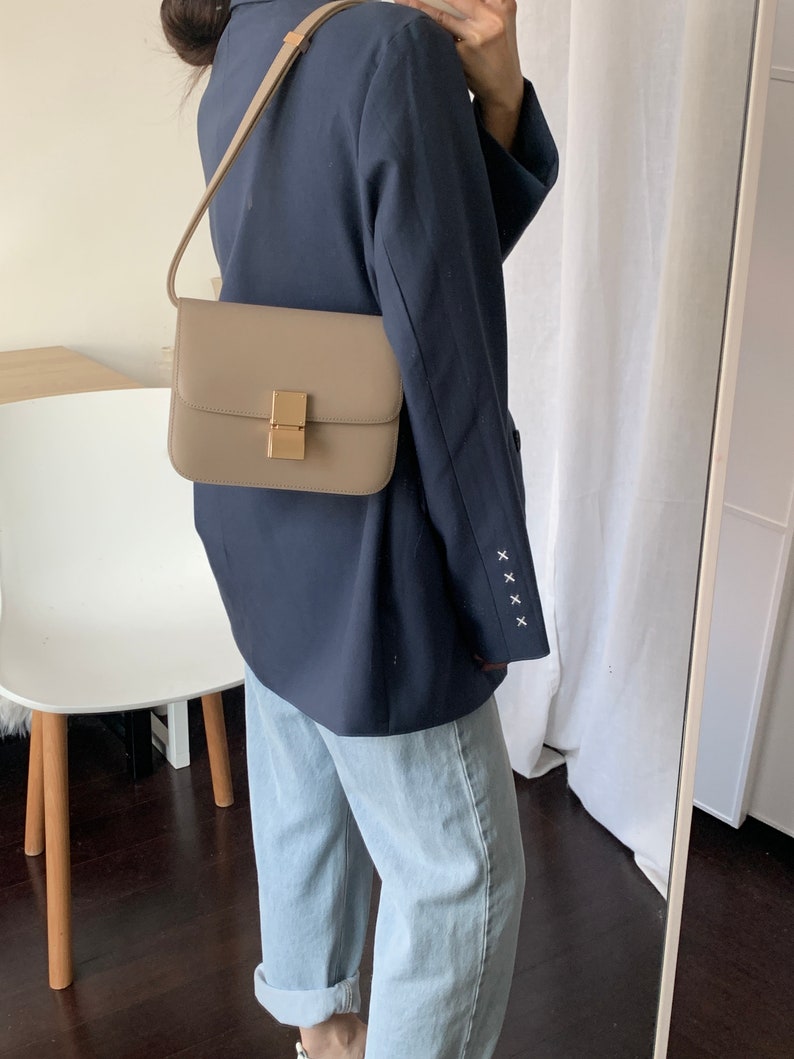 Korean Style Minimalistic Taupe Calfskin Leather Box Bag image 6