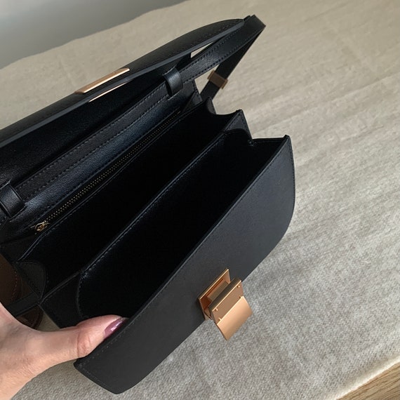 Korean Style Minimalistic Black Calfskin Leather Box Bag 