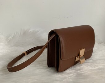 Calfskin Leather crossbody bag, Saffiano leather structured bag, leather  shoulder bag for women, box bag. black leather bag. gift for her