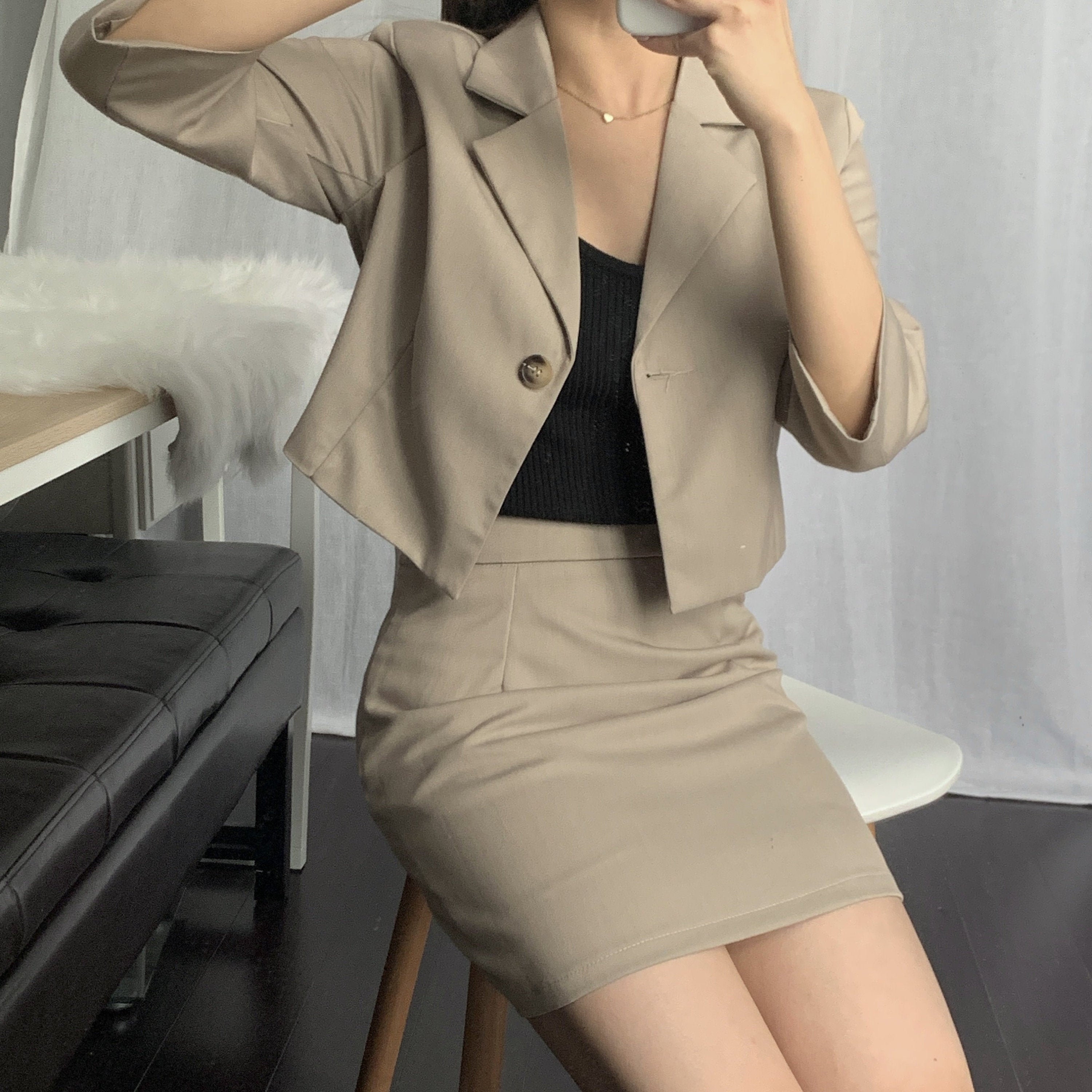 Korean Style Colin Matchy Skort Suit Set Khaki Blazer Suit -  Hong Kong