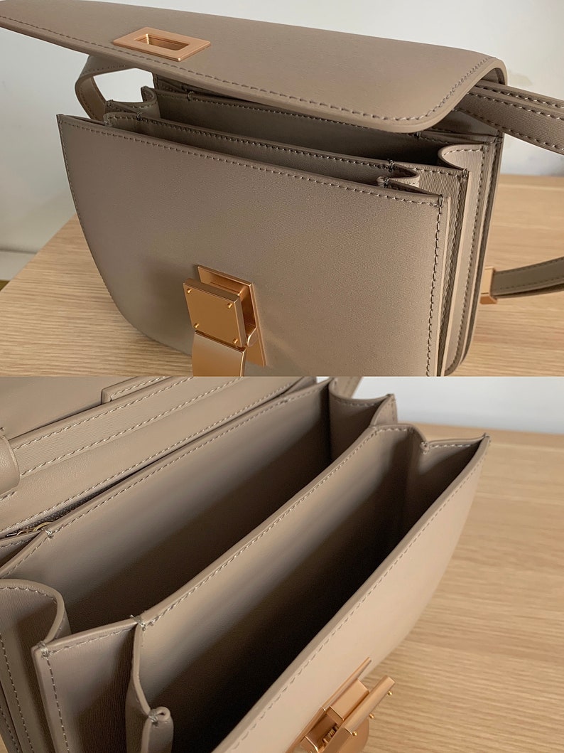Korean Style Minimalistic Taupe Calfskin Leather Box Bag image 10