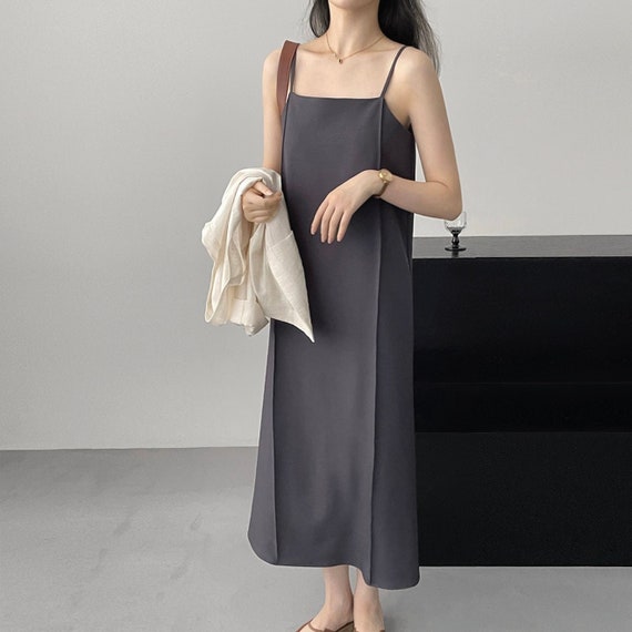 Korean Style Chic Apricot Spaghetti Strap A Line Long Dress Etsy UK