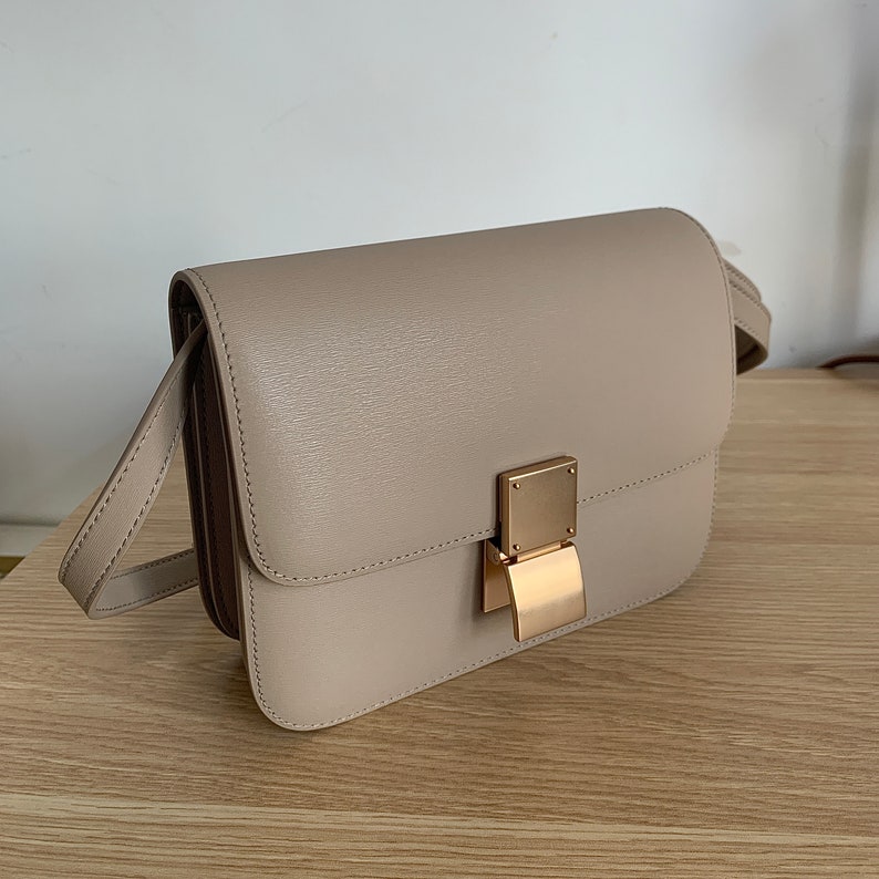 Korean Style Minimalistic Taupe Calfskin Leather Box Bag image 8
