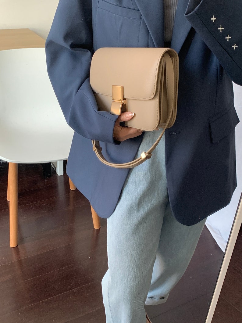 Korean Style Minimalistic Taupe Calfskin Leather Box Bag image 7