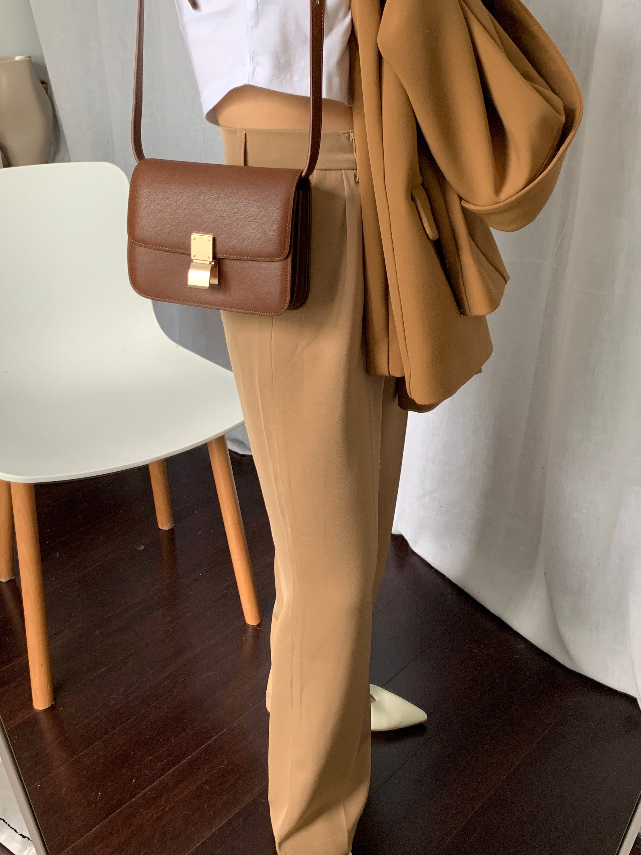 Korean Style Small Size Minimalistic Brown Calfskin Leather Box Bag Shoulder/crossbody  Bag 