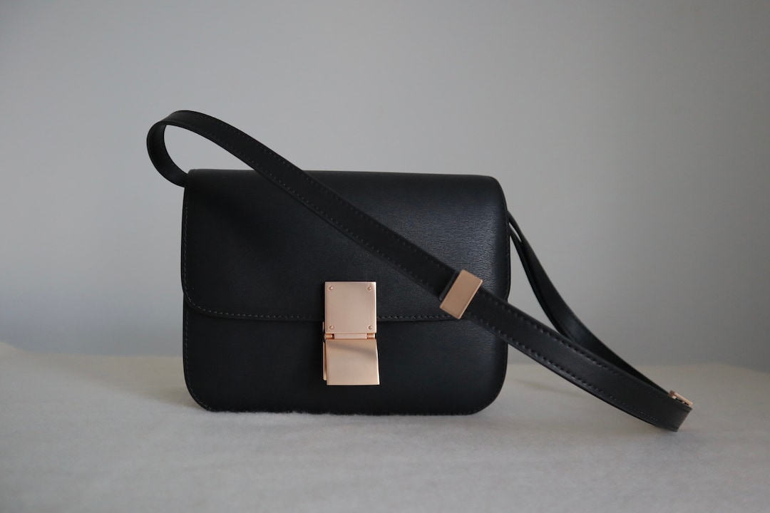 Leather Box Crossbody Messenger Bag in Black