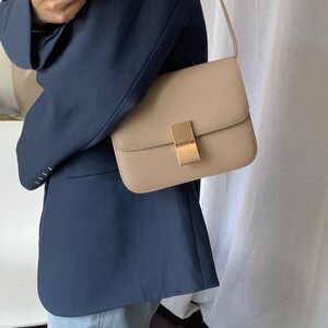 Korean Style Minimalistic Taupe Calfskin Leather Box Bag image 5