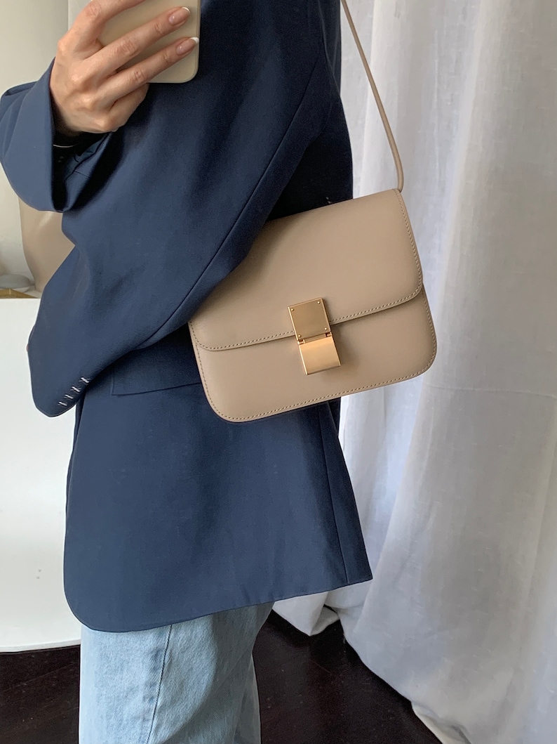 Korean Style Minimalistic Taupe Calfskin Leather Box Bag image 5