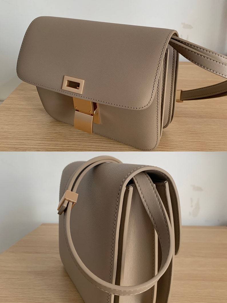 Korean Style Minimalistic Taupe Calfskin Leather Box Bag image 9
