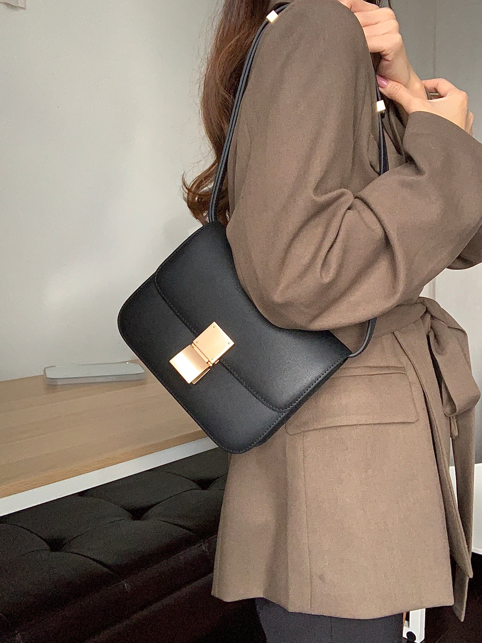 Korean Style Minimalistic Black Calfskin Leather Box Bag - Etsy