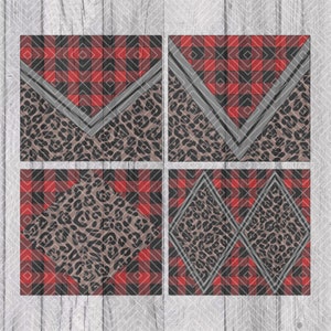 Peut inclure: Quatre carrés de papier numérique avec un motif de plaid buffalo rouge et noir, un imprimé léopard gris et noir et un motif géométrique gris et noir.