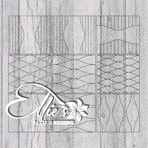 May include: A digital download of nine different wood grain patterns. The patterns are black and white and include wavy, straight, and diagonal lines. The patterns are labelled "Ellie's Crafty Co."