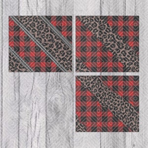 Peut inclure: Trois carrés de papier numérique avec un motif de plaid buffalo rouge et noir et un imprimé léopard brun et noir. L'imprimé léopard est superposé au motif de plaid.