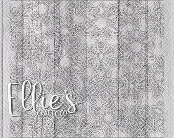 Könnte beinhalten: Schwarzweißes digitales Design mit einem sich wiederholenden Muster aus Schneeflocken. Der Text "Ellie's Crafty Co." befindet sich in der linken unteren Ecke.