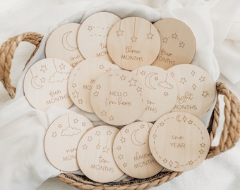 Wooden Baby Milestone Discs | Celestial Moon & Stars Design