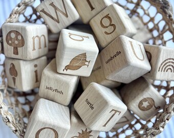 Wooden Alphabet Blocks with Words and Pictures | Engraved wooden blocks, Gift for first birthday, Wooden block set, Luxury kids gift, ABC
